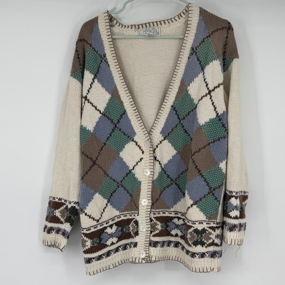 Vintage Casual Corner 1993 Argyle Knit Cardigan Sweater Large Ramie Cotton Cream